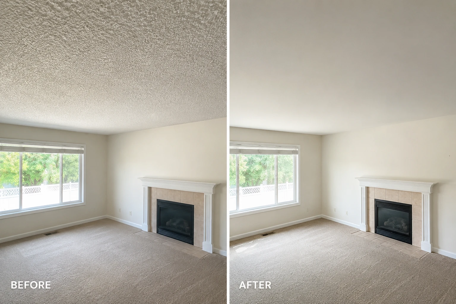 Before and after popcorn ceiling removal in Utah Valley home